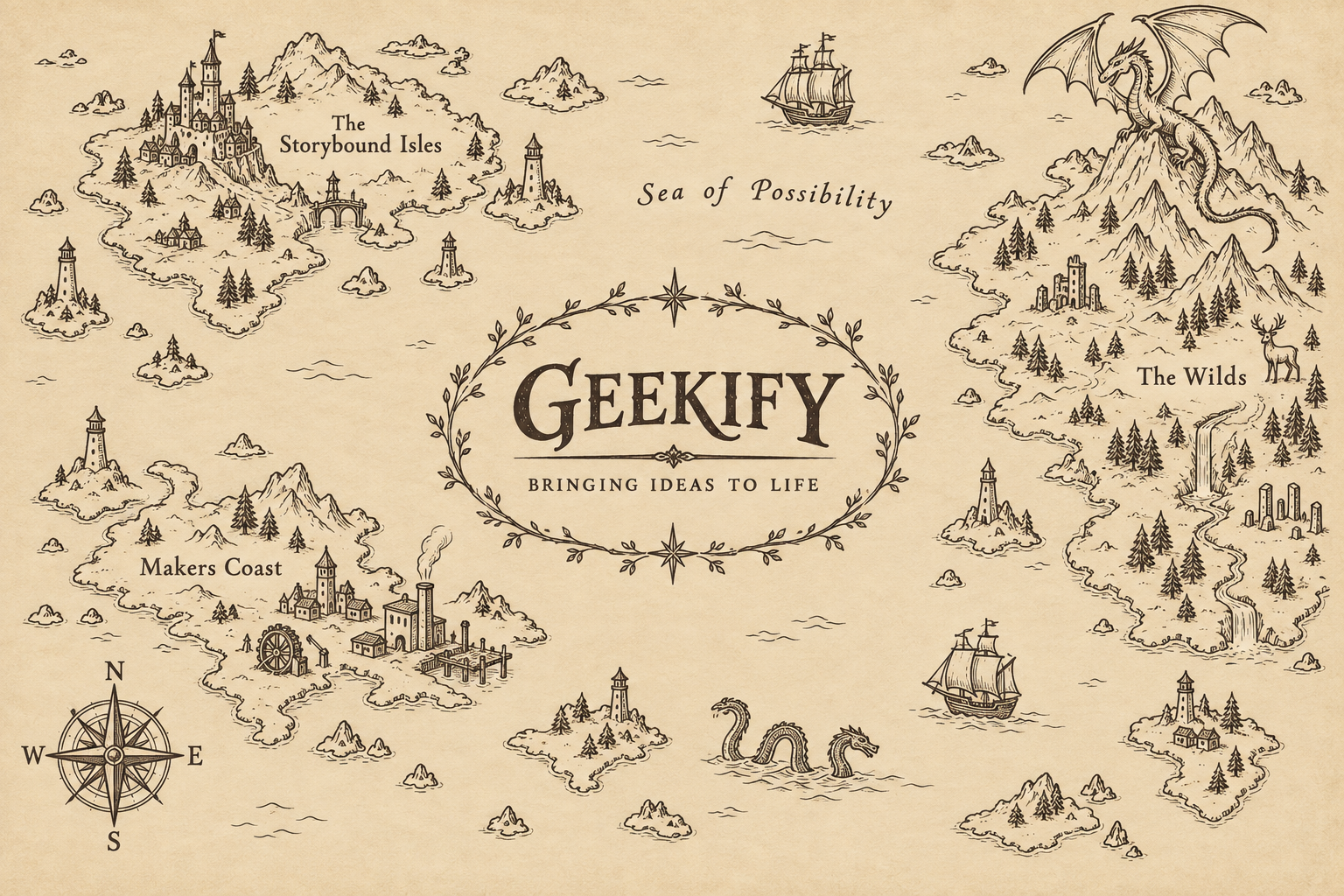 Hand-drawn Geekify fantasy map in brown ink on parchment