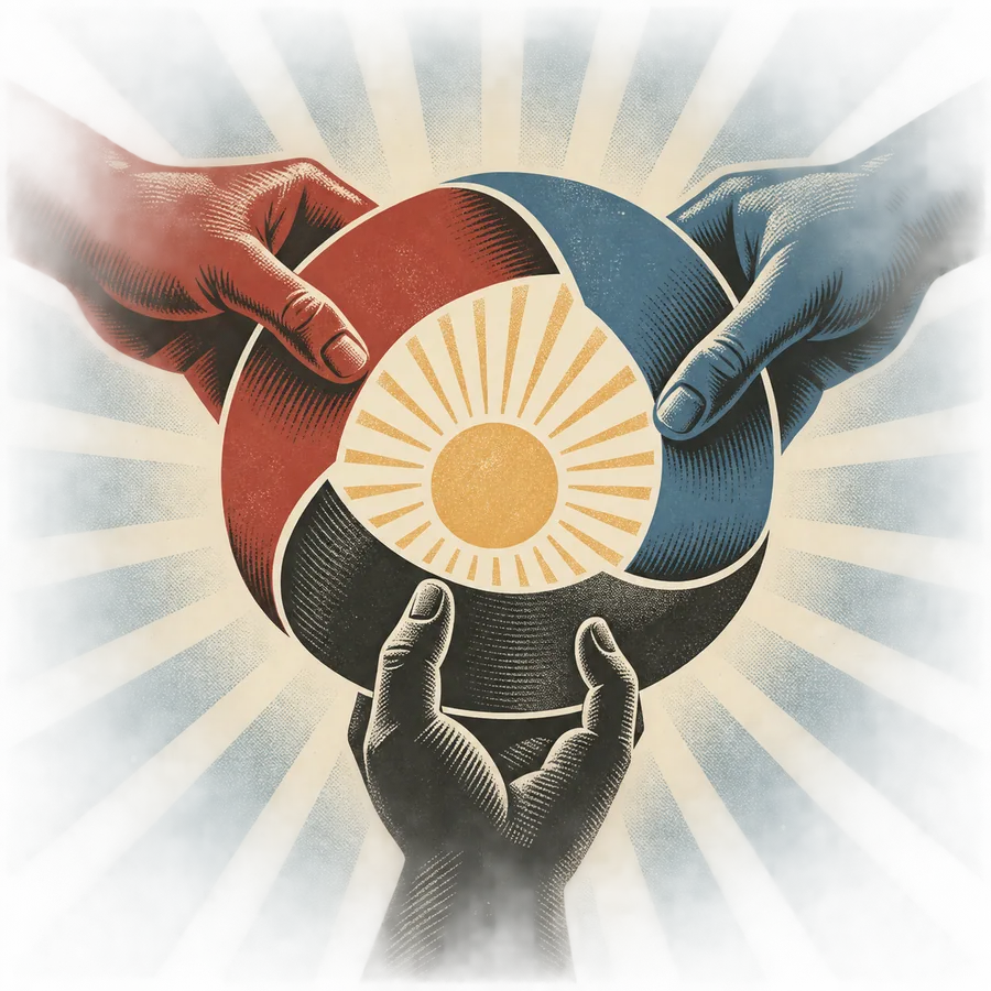 Three hands holding the SKD ribbon ring around a paper sun