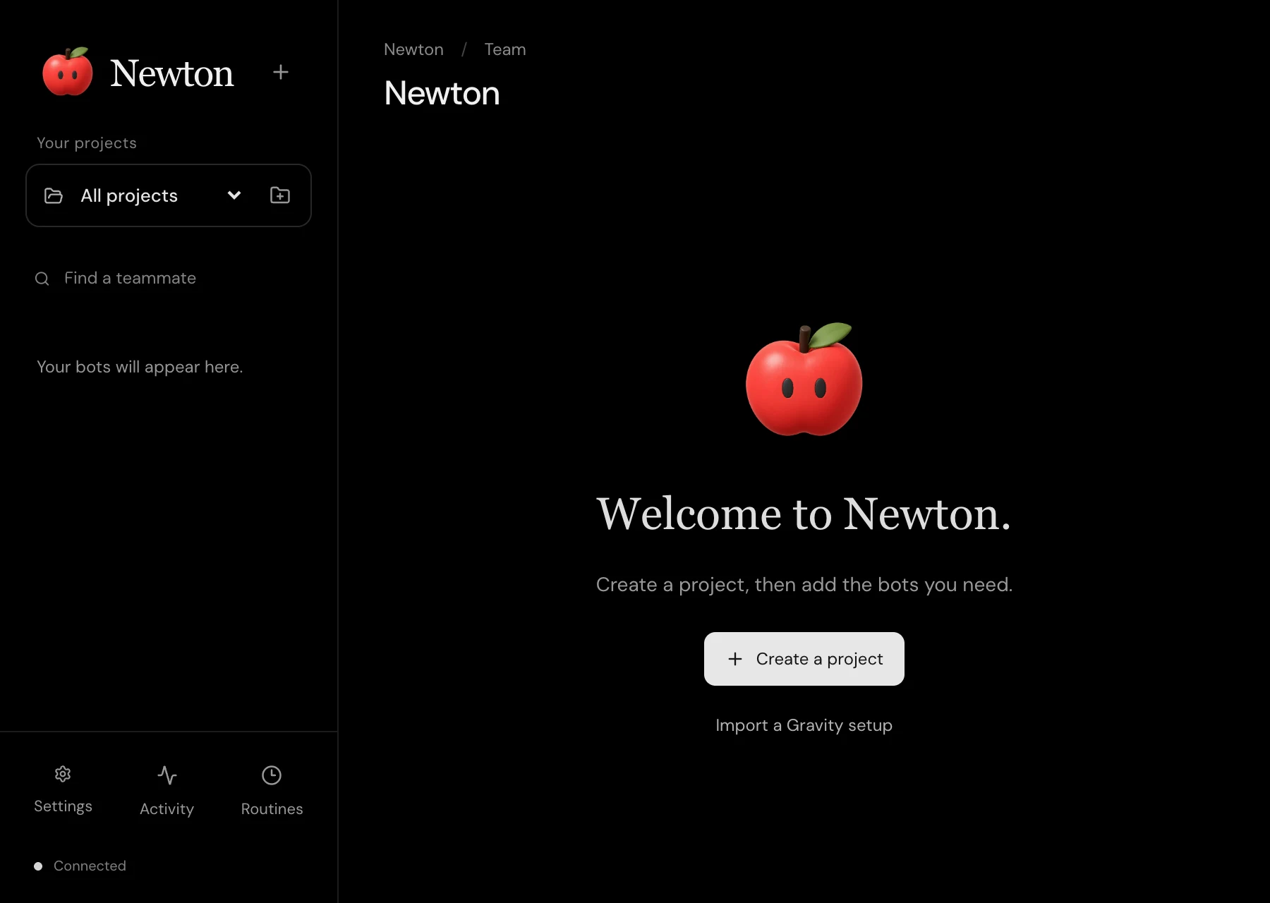 Newton’s dark desktop interface and apple mascot