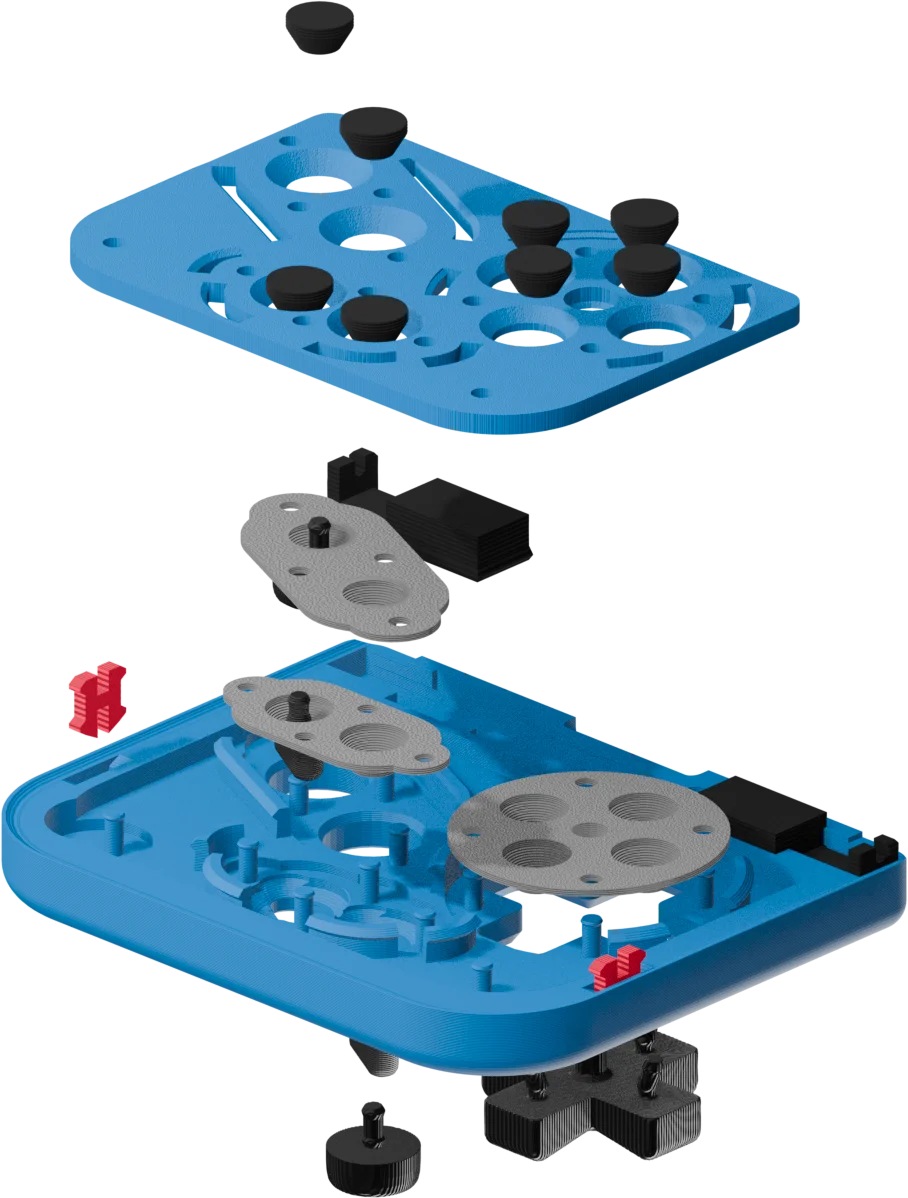 Exploded view of PlayCase’s printed components and button mechanisms