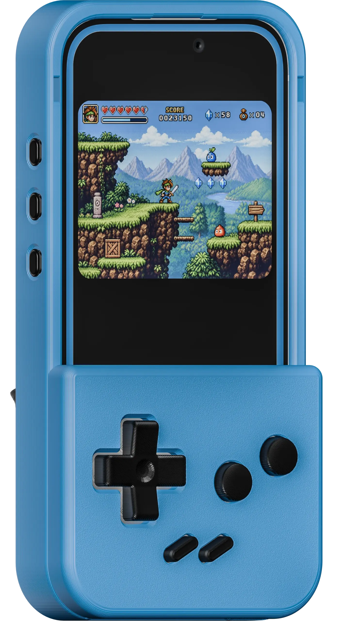 PlayCase with its blue handheld faceplate attached to an iPhone