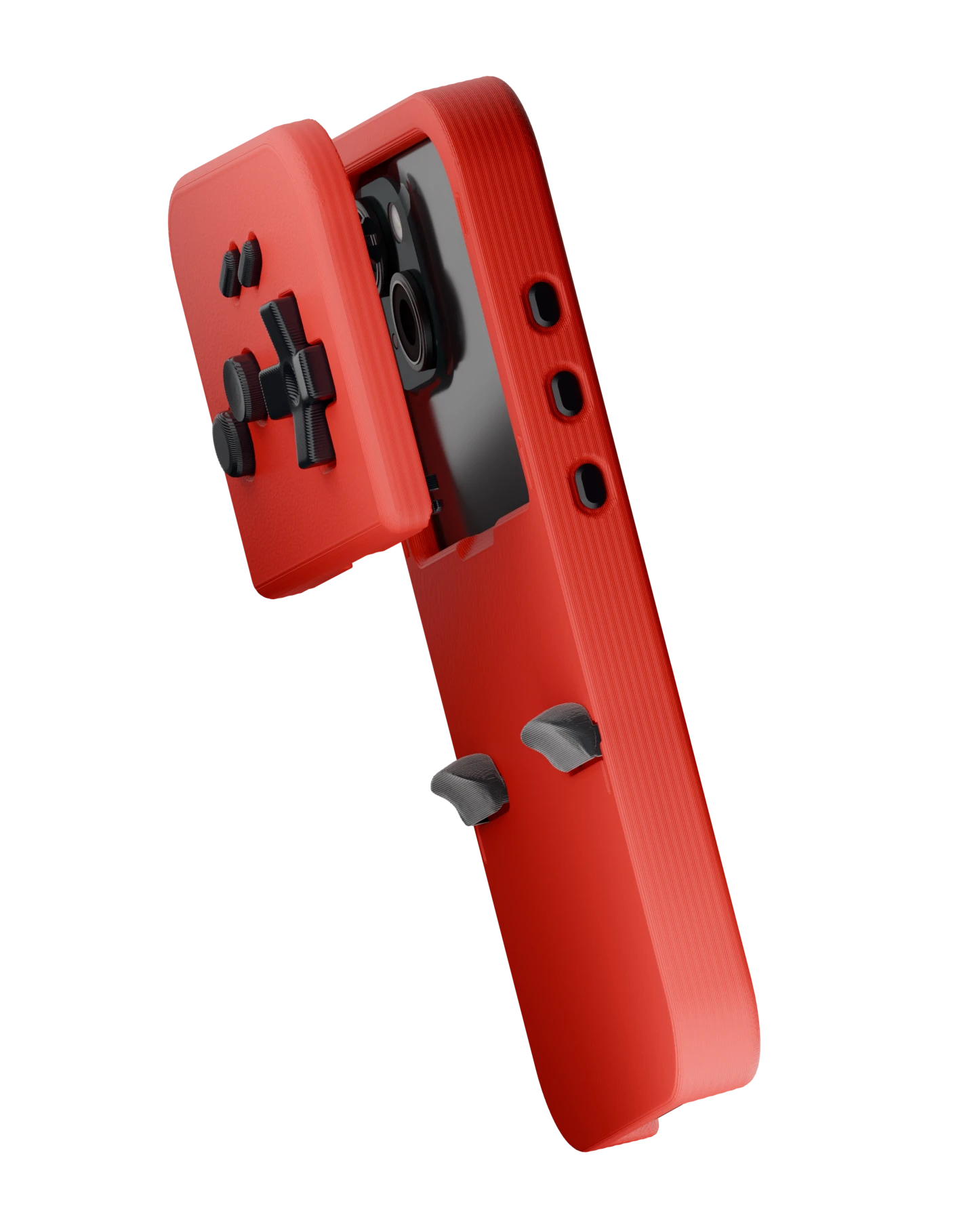 Red PlayCase showing its rear triggers and faceplate storage