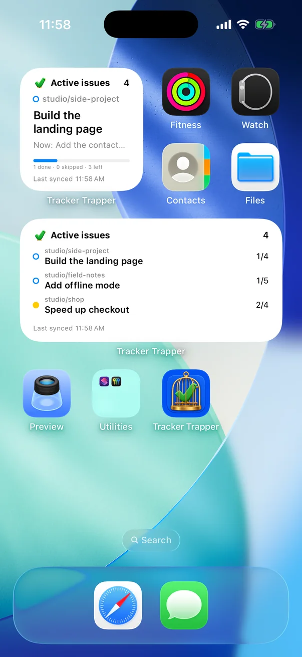 Small and medium Home Screen widgets showing Active issues and progress