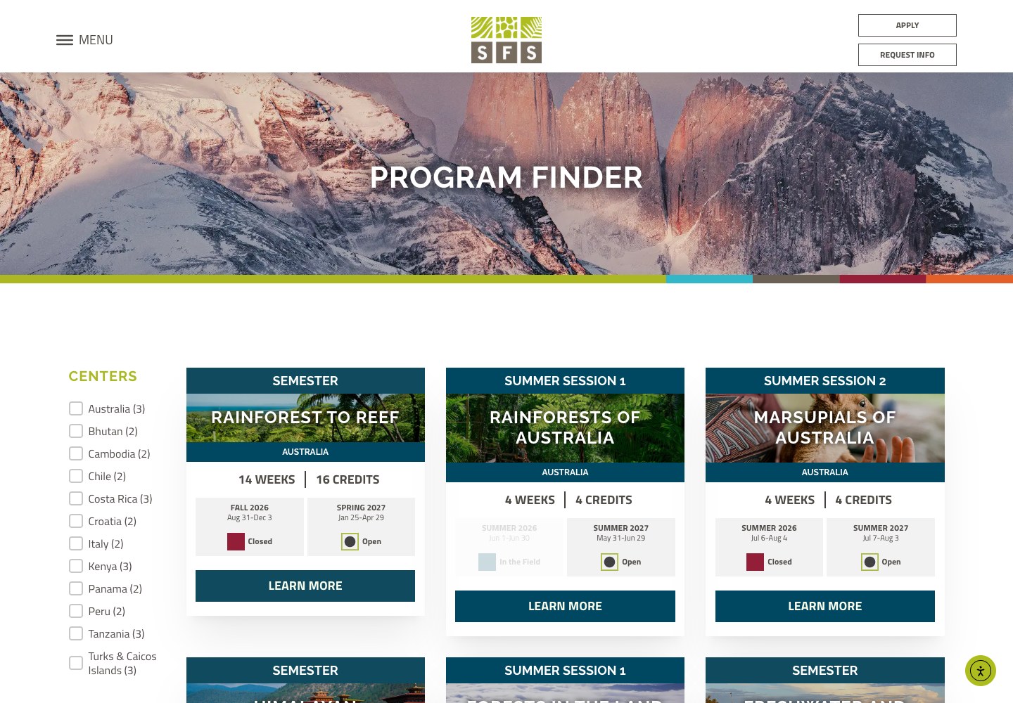 The School for Field Studies website — desktop view, September 2026