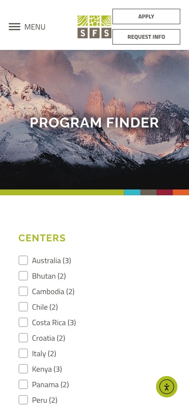 The School for Field Studies website — mobile view, September 2026